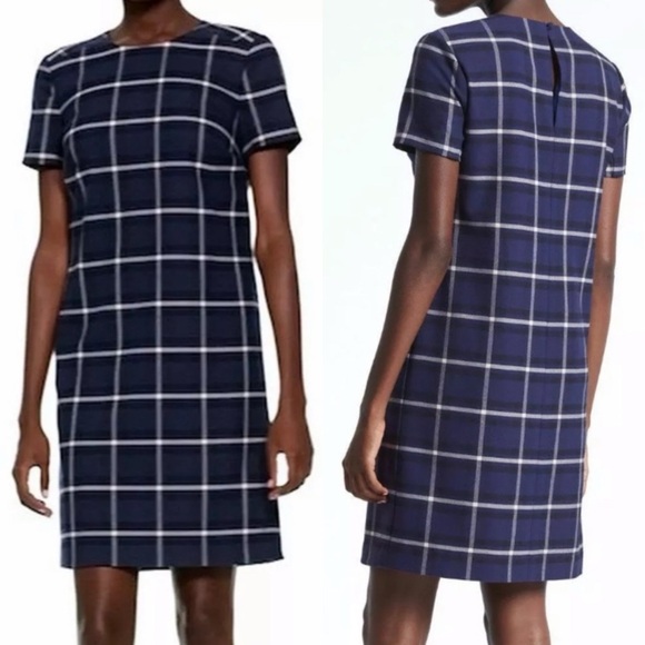Banana Republic Large Tall Women's Navy Plaid Shift Dress Professional Dress - Picture 1 of 10